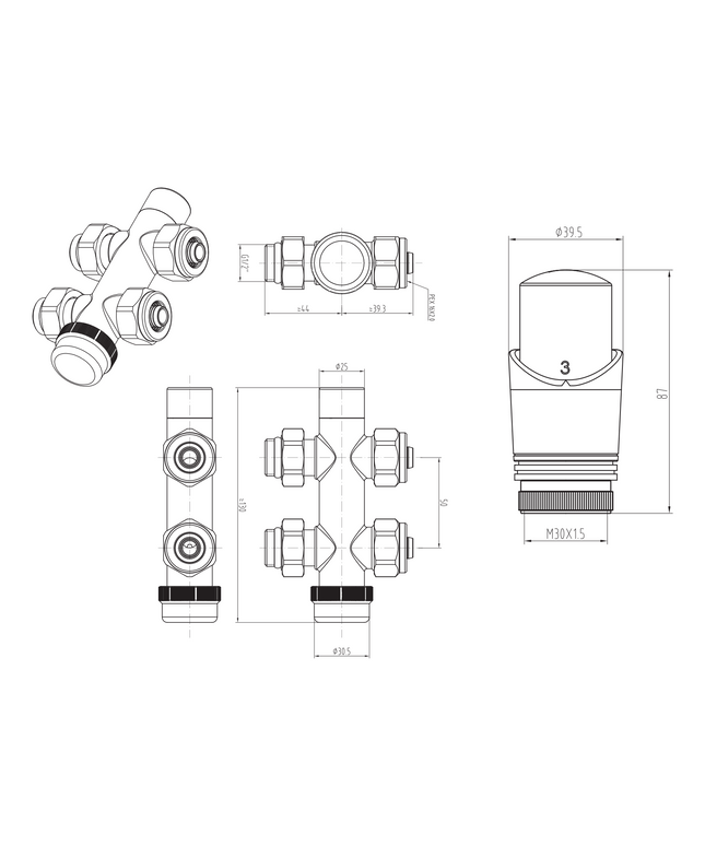 Maattekening BELRAD Thermostatische Radiatorkraan – Middenaansluiting – Recht – Wit – M30 x 16/2