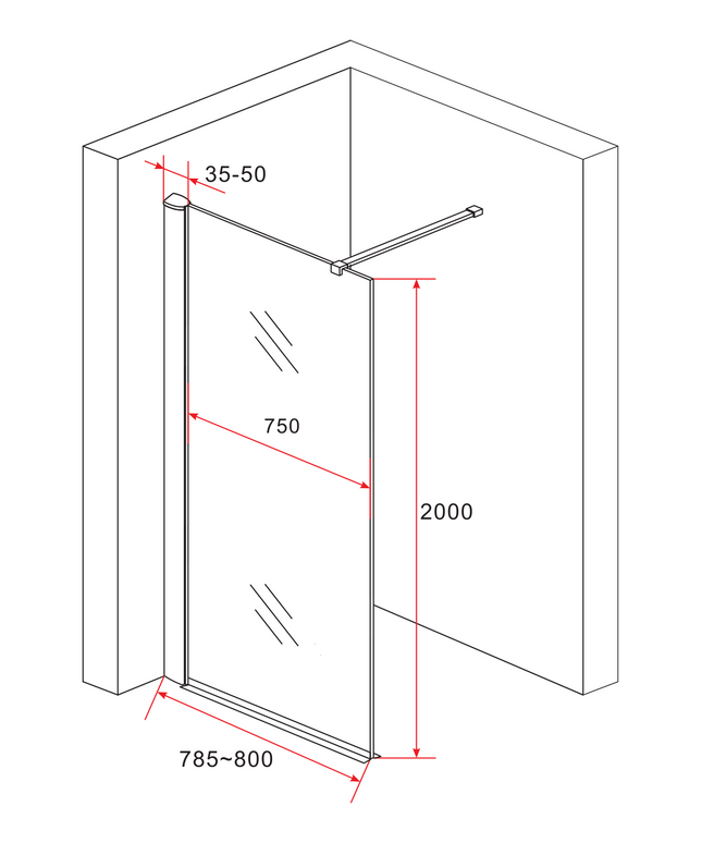 Plan côté ALONI paroi de douche à l'italienne verre dépoli – 80x200 cm – 8 mm verre de sécurité