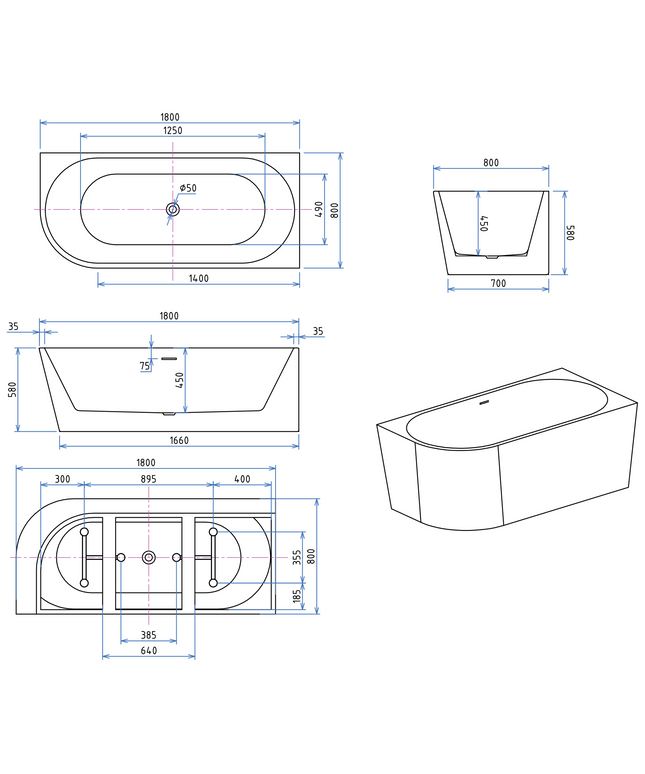 Maattekening ALONI Hoekbad Rechts – Glanzend Wit – 180x80x58 cm – Inclusief Afvoerset en Click Waste