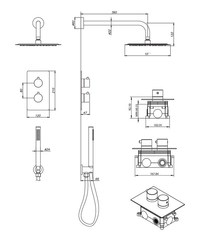 Maattekening ALONI inbouw doucheset chroom – regendouche Ø25 cm