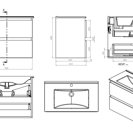 Maattekening ALONI Sally XL Wastafelonderkast - 2 Softclose lades - 760x600mm - Mat zwart