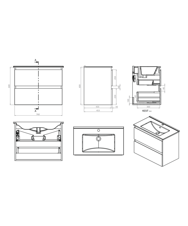Maattekening ALONI Sally XL Wastafelonderkast - 2 Softclose lades - 760x600mm - Mat zwart