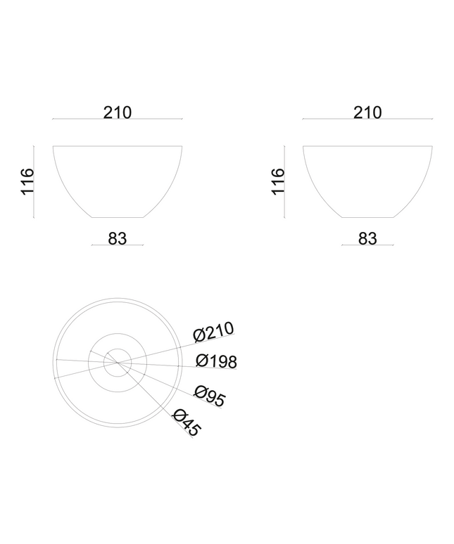 Maattekening ALONI Hira Solid Surface Opbouw Waskom – 21 cm – Wit