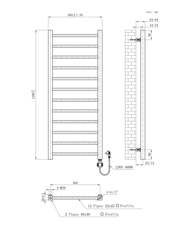 Maattekening BELRAD Badkamer radiator elektrisch 1200x500mm - Mat zwart - 413W