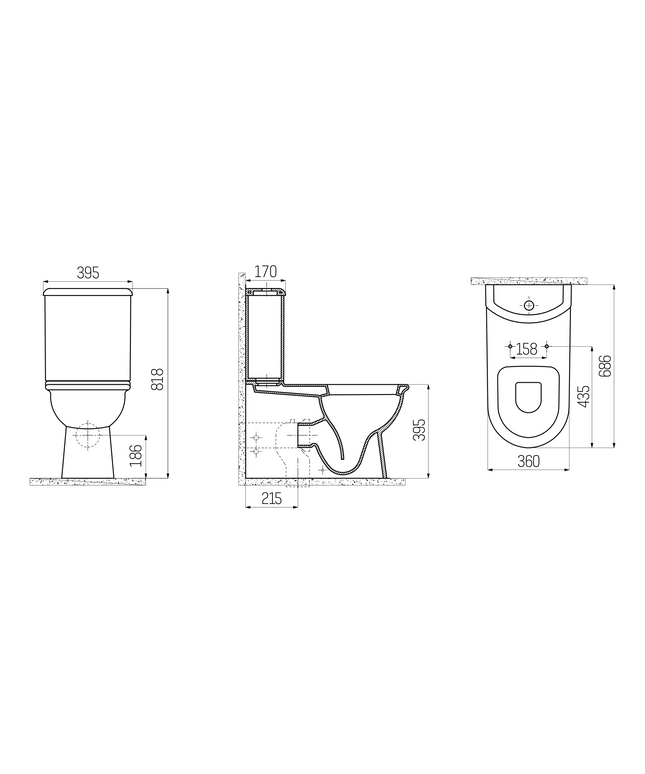 Maattekening Creavit Selin staand toilet / vloertoilet – muur/onder-uitgang – wit