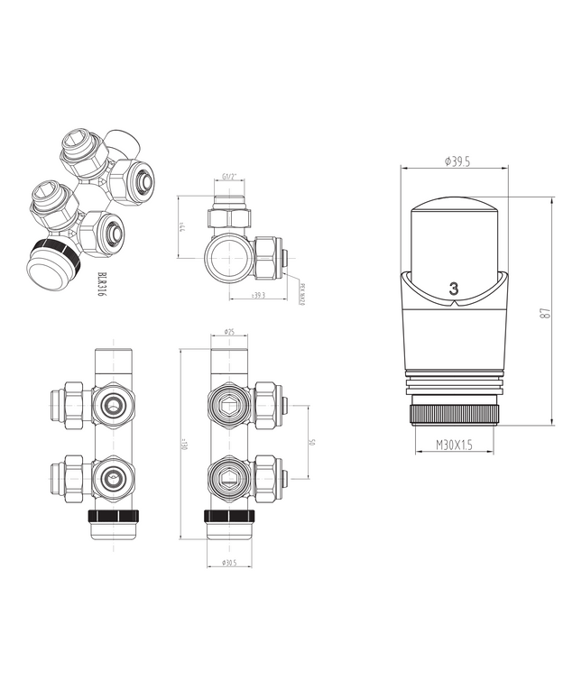 Maattekening BELRAD Thermostatische Radiatorkraan – Middenaansluiting – Muur – Chroom – M30 x 16/2