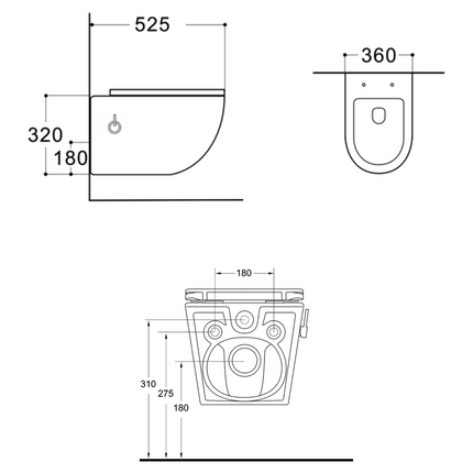 Maattekening ALONI Hangtoilet met bidet Pro - 360° Flush randloos - Glanzend wit