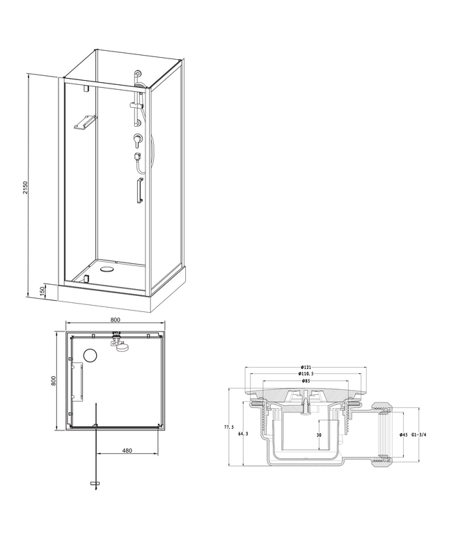 Maattekening RIMO Complete Douchecabine met Draaideur – 80x80x215 cm – Mat Zwart – Helder Glas – Omkeerbaar