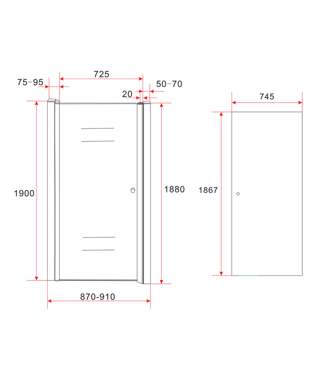 Maattekening ALONI Douchedeur in Nis – 87-91x190 cm – 6 mm Veiligheidsglas