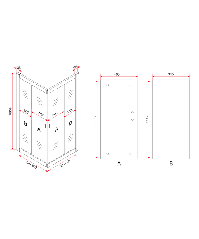 Maattekening ALONI Douchecabine Hoekinstap met 2 Schuifdeuren – 80x80x195 cm – 6 mm Veiligheidsglas – Mat Zwart – Helder Glas – Omkeerbaar