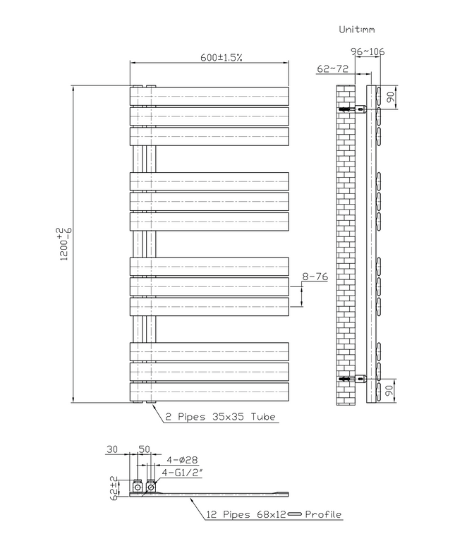 Maattekening BELRAD Badkamer Radiator 1200x600mm Mat Zwart – Linkeraansluiting/Combi – 681W