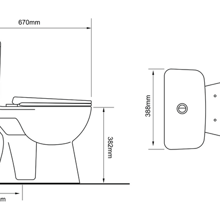 Maattekening ALONI PRO duoblok staand toilet – randloos – S-trap – vloeruitlaat – reservoir – softclose zitting – 4/6L – 39x73x67 cm – wit