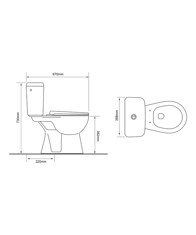 Maattekening ALONI PRO duoblok staand toilet – randloos – S-trap – vloeruitlaat – reservoir – softclose zitting – 4/6L – 39x73x67 cm – wit
