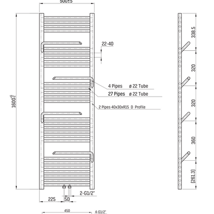 Maattekening BELRAD Handdoekradiator met handdoekhouder - 1600x500mm - Mat zwart