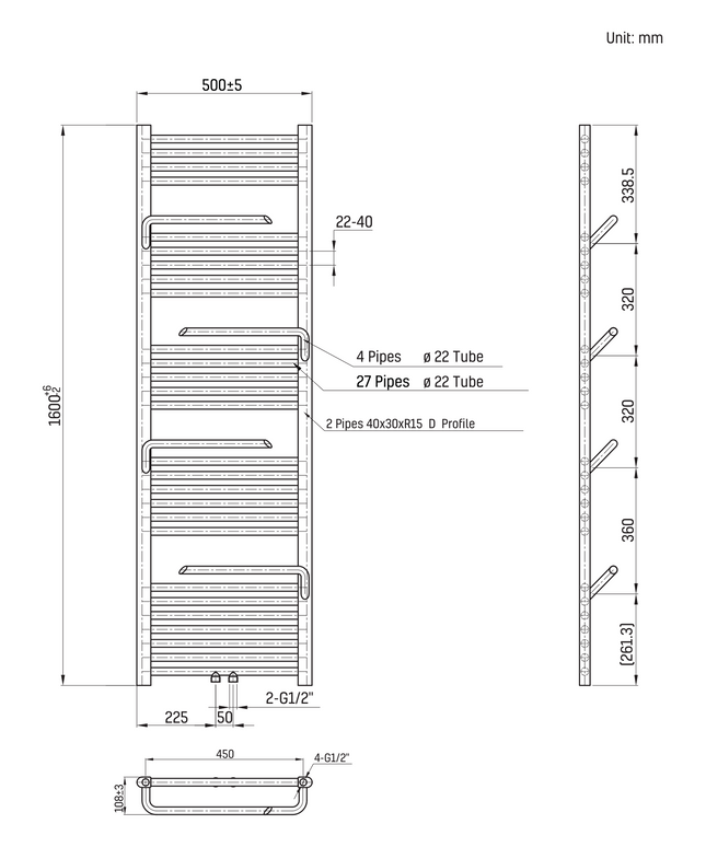 Maattekening BELRAD Handdoekradiator met handdoekhouder - 1600x500mm - Mat zwart