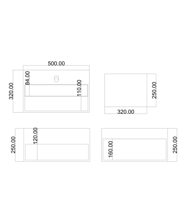 Maattekening Solid Surface Wastafel – Onzichtbare Afvoer – 50x32,4x25 cm – Mat Wit