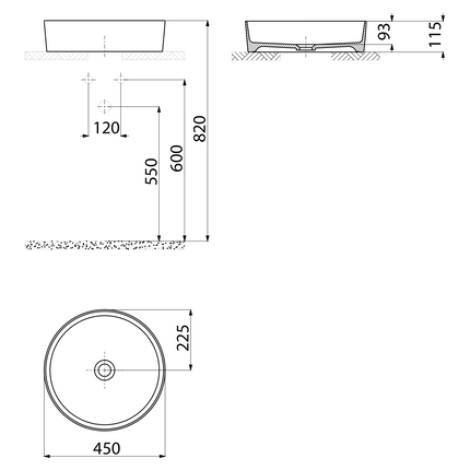 Maattekening Creavit Loop Opbouw Waskom – 45 cm – Koel Grijs