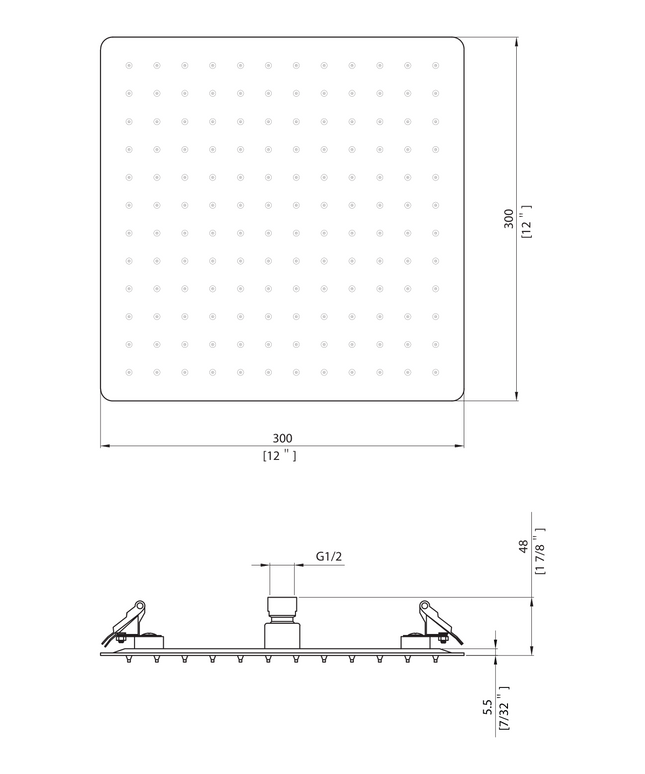 Maattekening ALONI vierkante rainshower – 30x30 cm – geborsteld koper