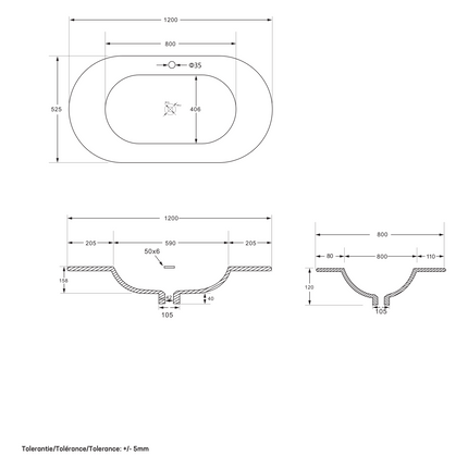 Maattekening BEGONIA Wastafel - 1 wasbak met overloop - 120x52,5 cm - Mat wit