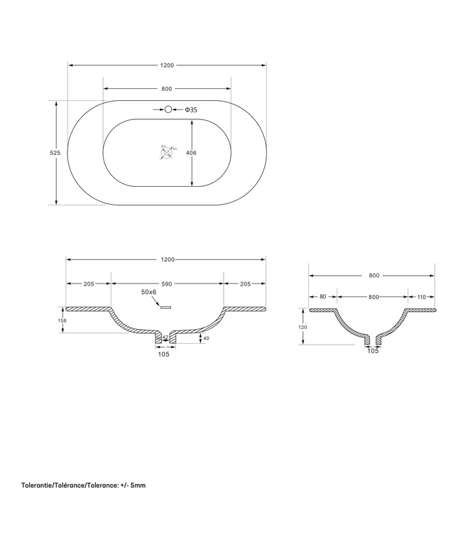Maattekening BEGONIA Wastafel - 1 wasbak met overloop - 120x52,5 cm - Mat wit