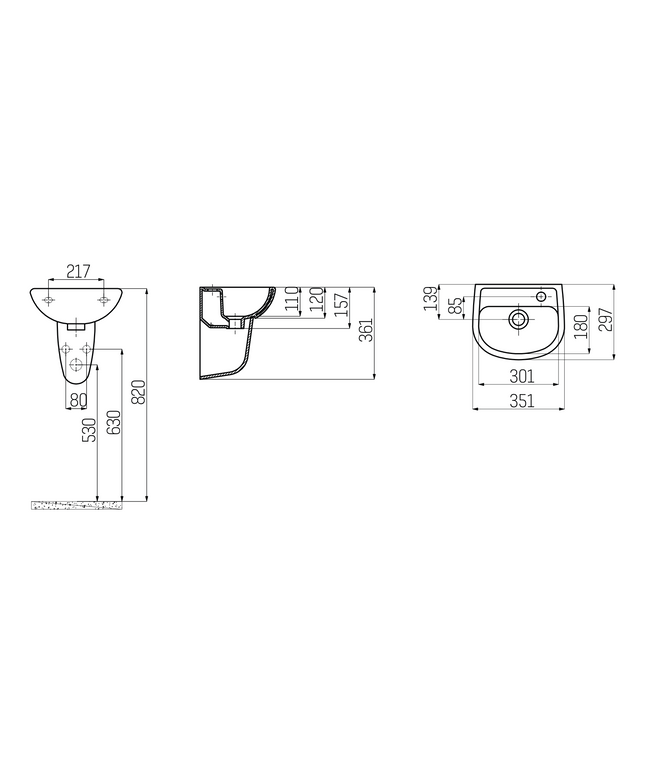 Plan coté CREAVIT Lave-mains – 29x35 cm – Blanc – Avec trou robinet