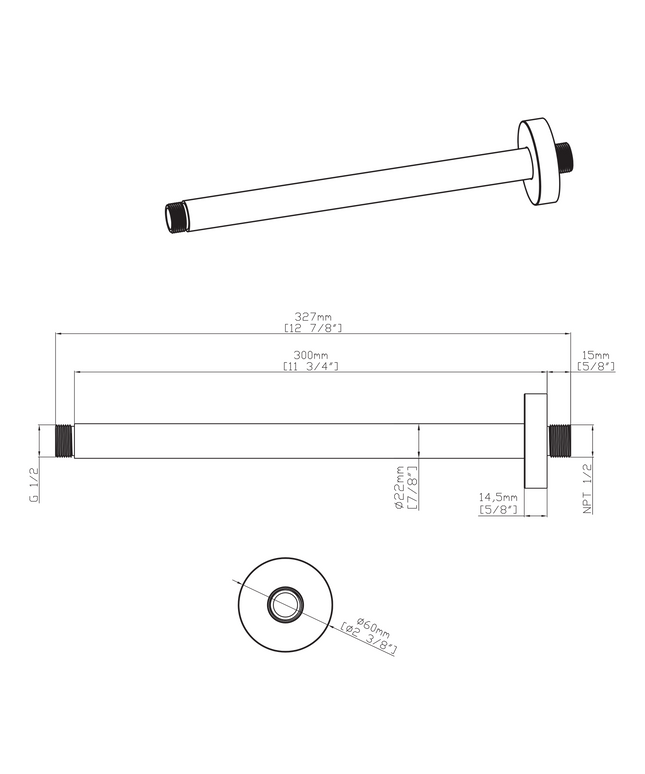 Maattekening UNIFORMA Douchearm plafondbevestiging - 30 cm - Geborsteld goud