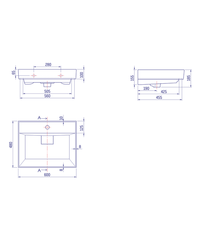 Maattekening ALONI Wastafel – 60x48x10 cm – Wit