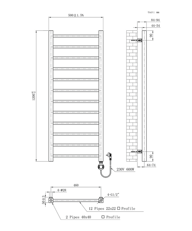 Maattekening BELRAD Badkamer radiator elektrisch 1200x500mm - Wit - 413W