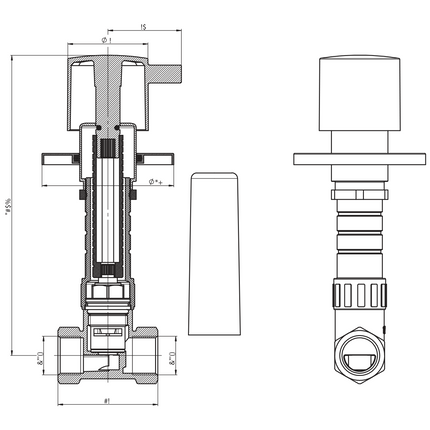 Maattekening ALONI Inbouwstopkraan - G1/2" aansluiting - Chroom