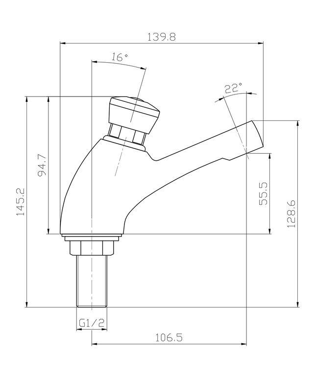 Plan de dimensions ALONI robinet eau froide – autofermeture – chromé