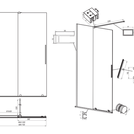 Maattekening X-SLIDE Inloopdouche met schuifdeur - 120x200cm - Mat zwart grijs rookglas