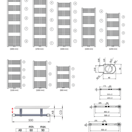 Maattekening BELRAD Badkamer Radiator 1800x600mm Zwart Mat Geborsteld – Middenaansluiting – 944W