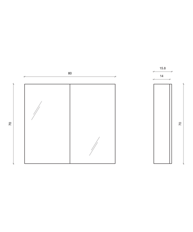 Maattekening ALONI SALLY spiegelkast – 2 deuren – 80x70 cm – Aluminium