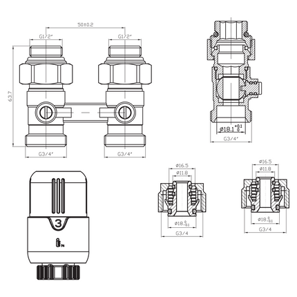 Maattekening BELRAD H-Blok Radiatoraansluitset - Recht Vloeraansluiting M30 1/2Mx16/2 - Glanzend wit