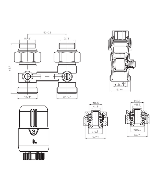 Maattekening BELRAD H-Blok Radiatoraansluitset - Recht Vloeraansluiting M30 1/2Mx16/2 - Glanzend wit
