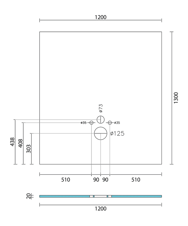 Maattekening Bouw- en isolatieplaat hangtoilet – waterdicht – XPS – 1200x1300x20 mm – grijs