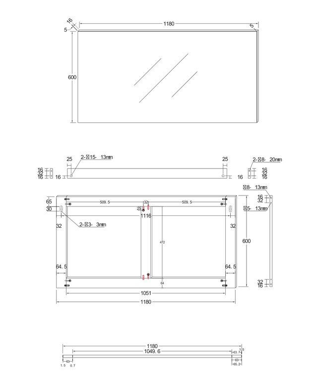 Maattekening ALONI HAYAT spiegel – 118x60 cm – Mat zwart