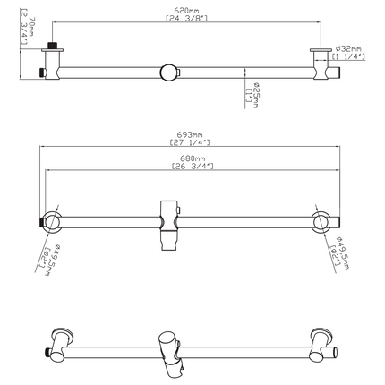 Maattekening UNIFORMA Doucheglijstang met wateraansluiting - 69 cm - Geborsteld RVS