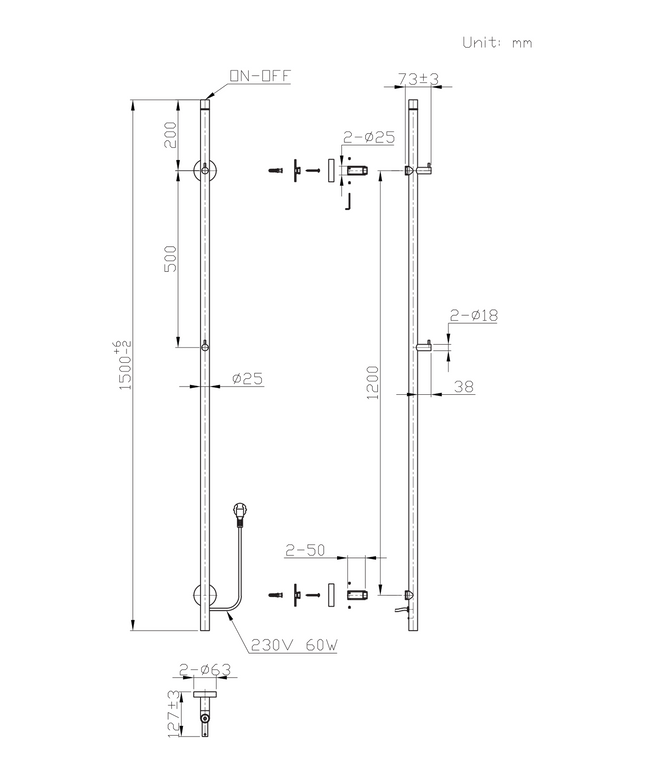 Maattekening BELRAD Badkamer radiator staafmodel elektrisch 1500x63x127 mm - Enkel - Gunmetal - 60W