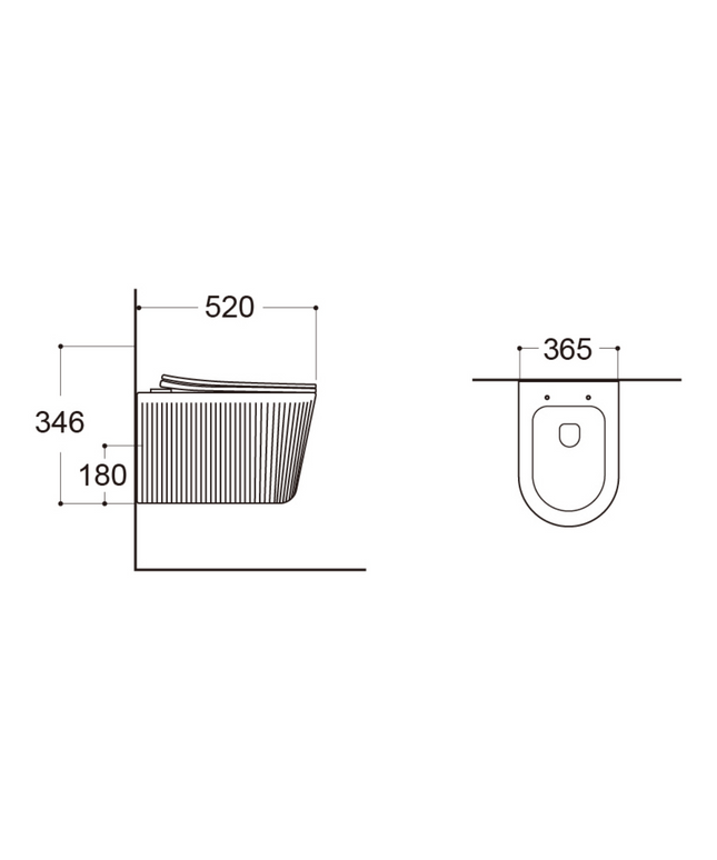 Maattekening Aloni Muffly hangtoilet / ophang WC met ribbel – tornado flush – randloos – met zitting – glanzend wit