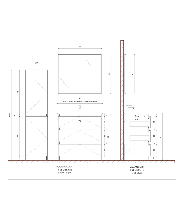 Maattekening ALONI JUPITER wastafelonderkast – 80 cm – Zwart – Softclose