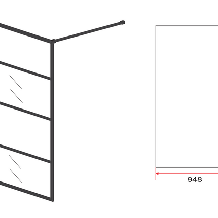 Maattekening ALONI inloopdouchewand mat zwart raster – 100x200 cm – 8 mm veiligheidsglas