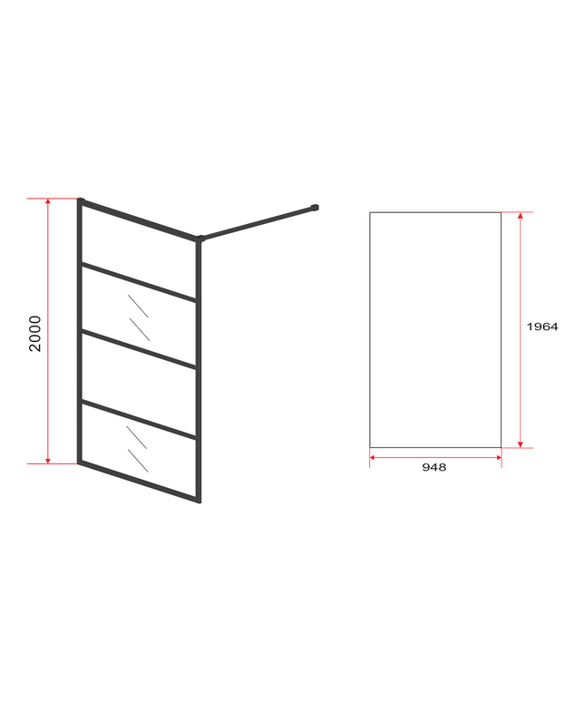 Maattekening ALONI inloopdouchewand mat zwart raster – 100x200 cm – 8 mm veiligheidsglas