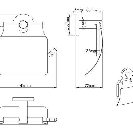 Maattekening Aloni toiletrolhouder met klep – geborsteld goud