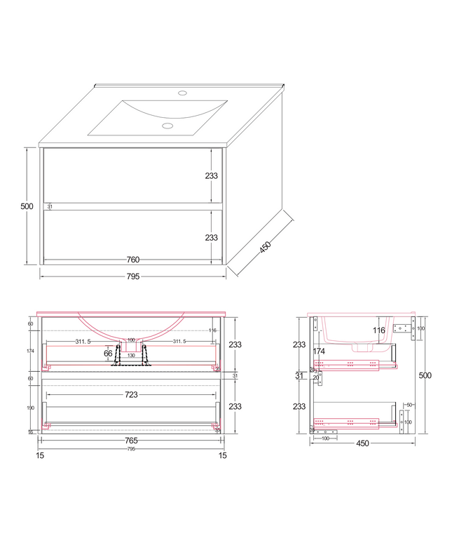 Plan coté meuble sous vasque ALONI HAYAT – 79,5x50x45 cm – Chêne – Sans poignée & softclose