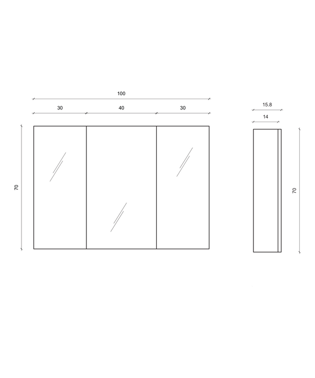 Plan coté armoire de toilette ALONI SALLY – 3 portes – 100x70 cm – Aluminium