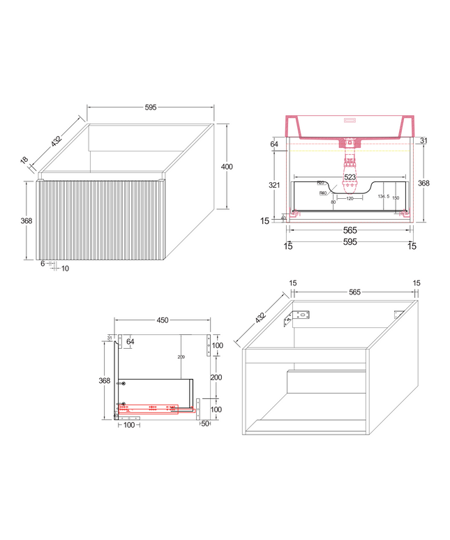 Maattekening ALONI ELA wastafelonderkast – 60x40x45 cm – Walnoot – Greeploos & softclose
