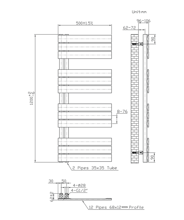 Maattekening BELRAD Badkamer Radiator 1200x500mm Mat Zwart – Linkeraansluiting/Combi – 593W