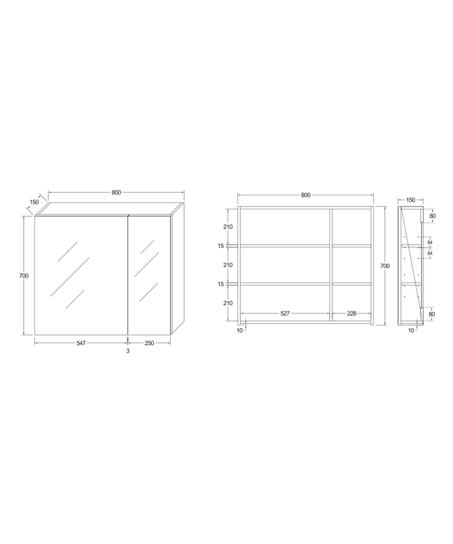 Maattekening HAYAT spiegelkast – 2 asymmetrische enkelzijdige spiegeldeuren – 80x70x15 cm – Mat zwart