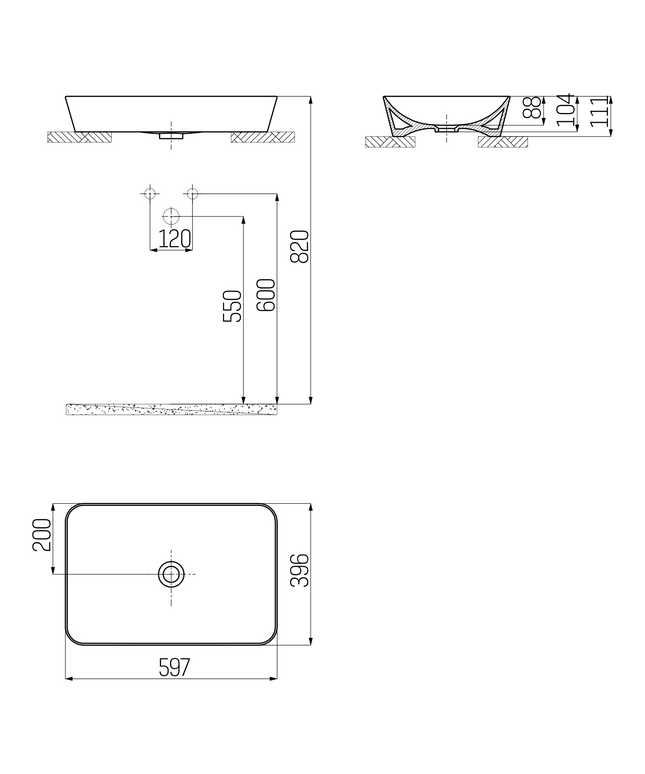 Maattekening Creavit Ultra Keramische Opbouw Wastafel – 60x40 cm – Mat Cappuccino